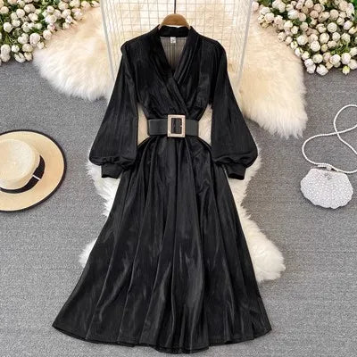 M-2XL Spring Retro A-line Large Swing Long Dress High Waisted Lantern Sleeve Dress V-neck Metallic Dress