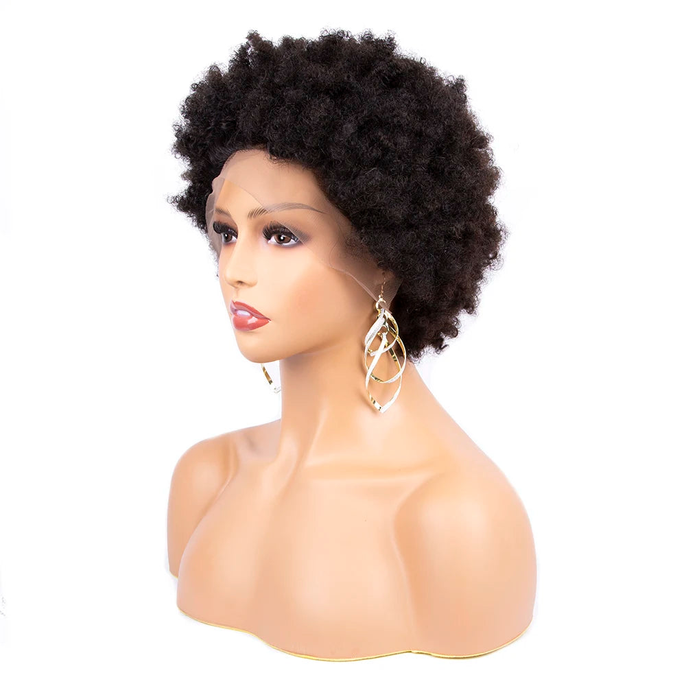 Afro Kinky Curl Virgin Remy Brazilian Human Hair 180% Density Pre-plucked 4x13 Lace Front Short Wig for African Black Women