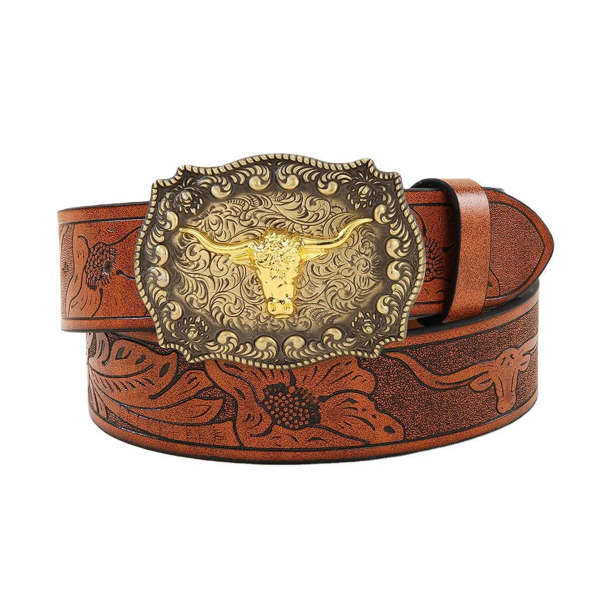 Wholesale Custom Fancy Western  Pu Leather Belt Cowboy Design Bull Zinc Alloy Buckle Belt for Men and Women
