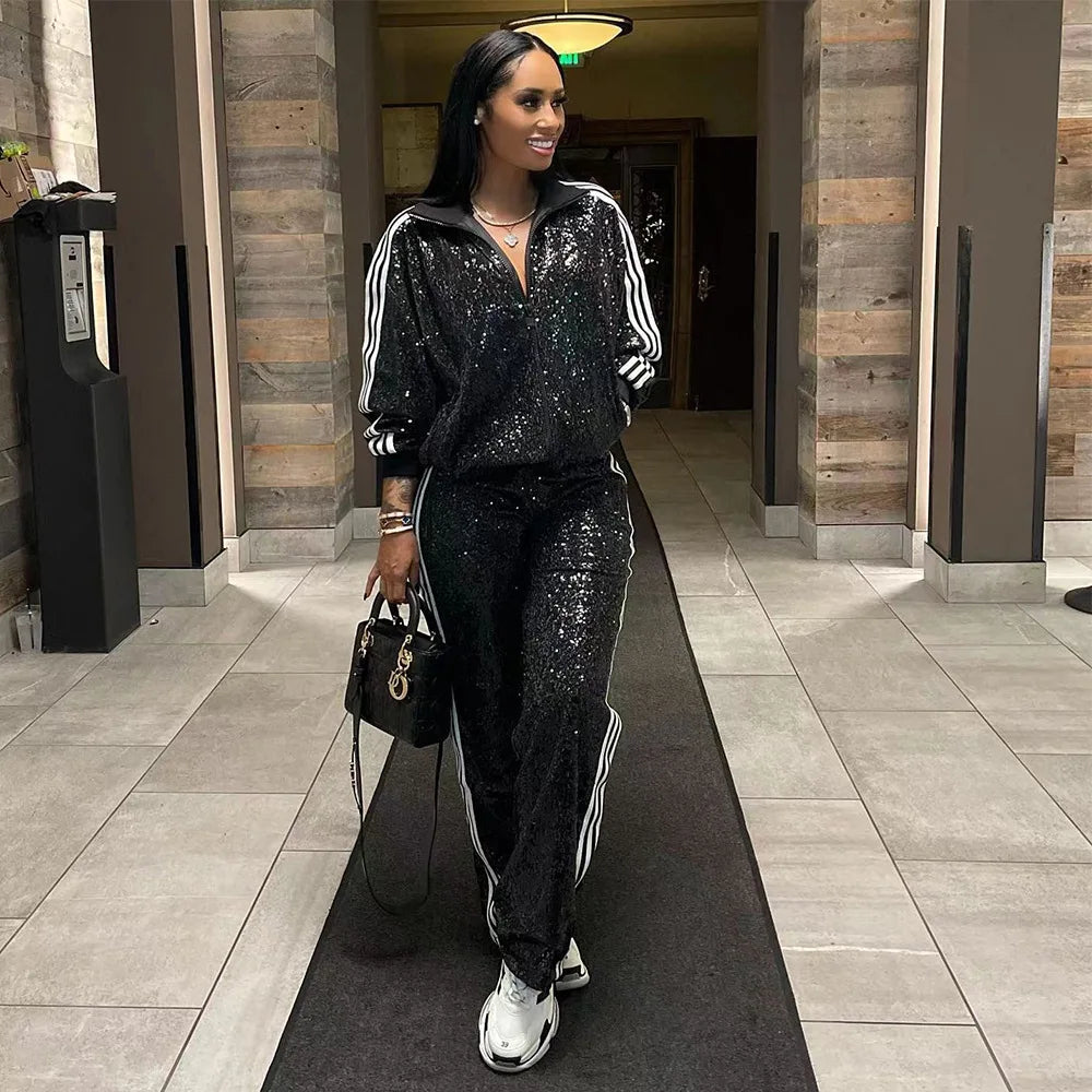 Shiny 2 Piece Pants Sets Women Fall Tracksuits Soild Plus Size Zipper Tops and Pants Two Piece Sets Women's Clothing Sportswear
