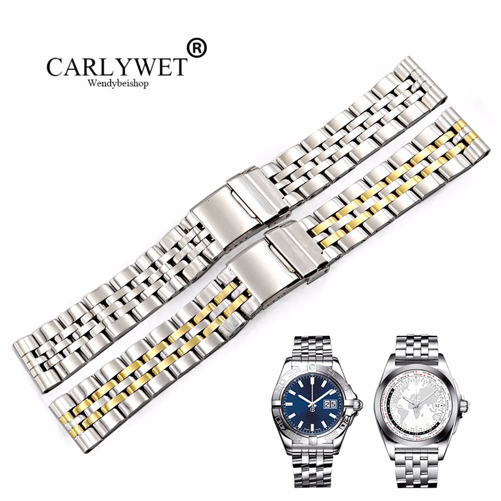 22mm 24mm Silver Stainless Steel Luxury Watchband Two Tone Gold Replacement Wrist Band for Breitling Watch