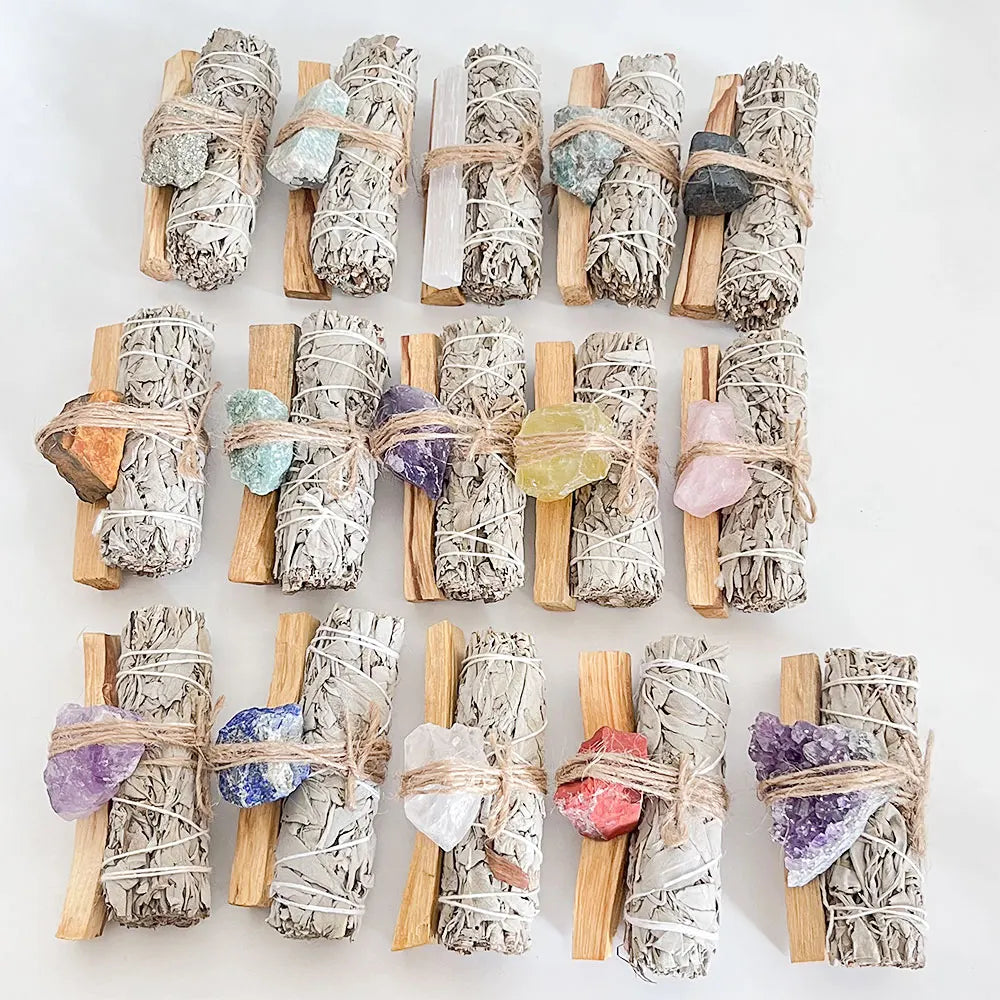 Metaphysical Spiritual Supplies-Palo Santo Sage Smudge Leaf Raw Jade Crystal Set Smudge Kit-White Sage Home Cleansing