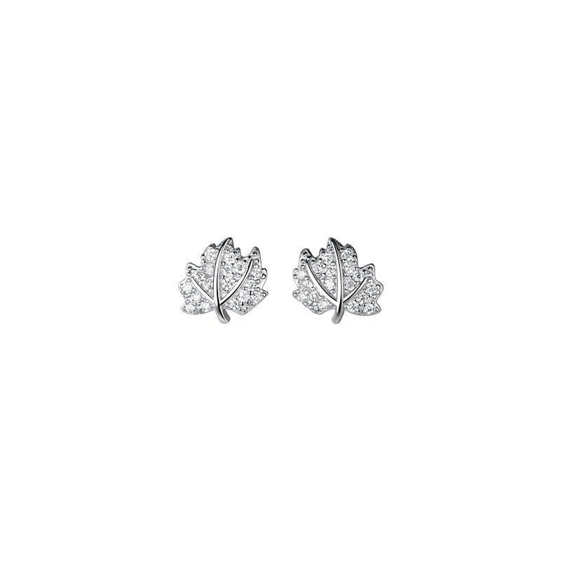 Fashion 925 Sterling Silver Cubic Zircon Maple Leaf Shape Gold Plated Small Stud Earrings Jewelry for Women Girls