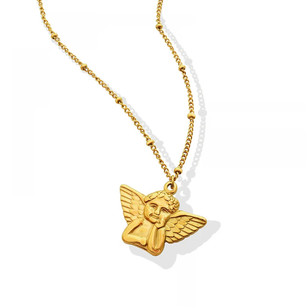 Hip Hop Fashion Trendy Female Stainless Steel Jewelry 18K Gold Plated Angel Pendant Necklace