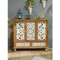 INNOVA Rustic White 3 Doors 2 Drawers Dinning Room Corner Sideboard Accent Wood Carved Storage Cabinets for Living Room