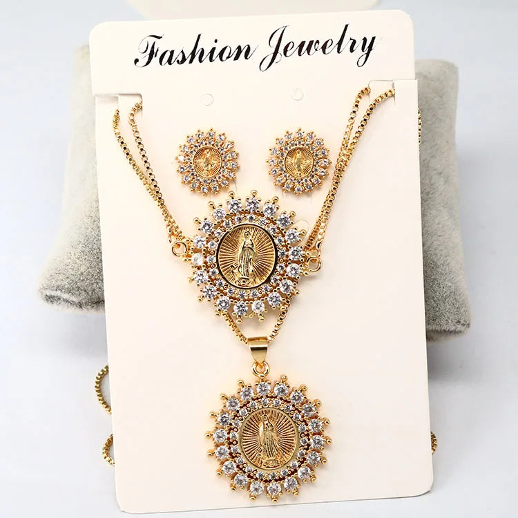 S11075 Diamond Cubic Zirconia Virgen De Guadalupe Virgil Mary Bracelet Necklace Christian Religious Jewelry Sets for Women