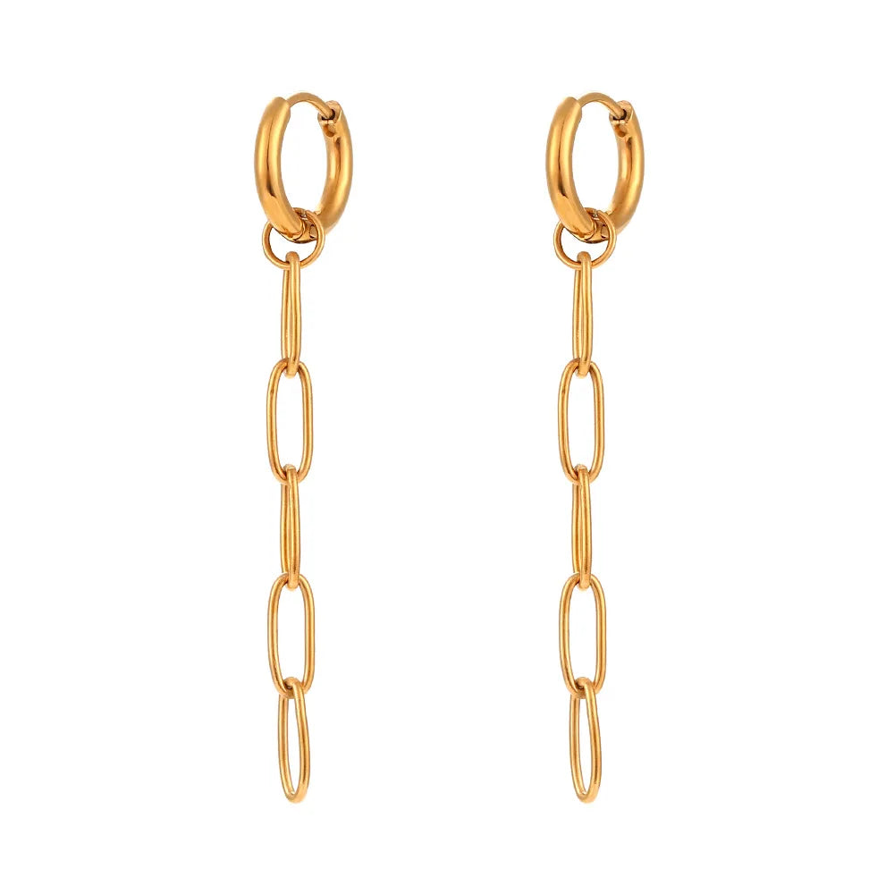European and American Ins Simple Stainless Steel Plated 18K Gold Long Clip Chain Tassel  Earrings