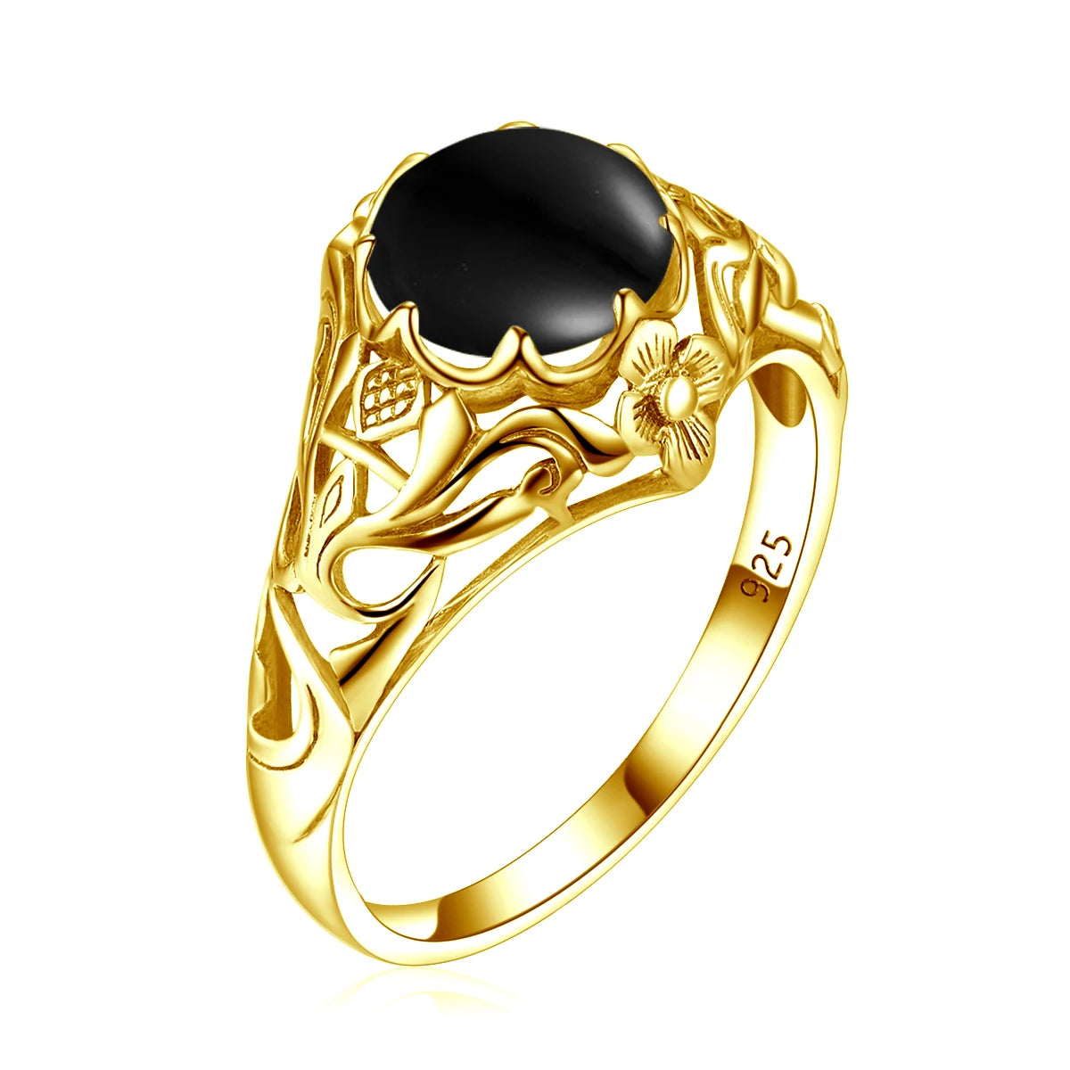 Szjinao Solid 925 Sterling Silver Yellow Gold Prong Set Black Onyx Gemstone Vintage Wedding Ring for Women