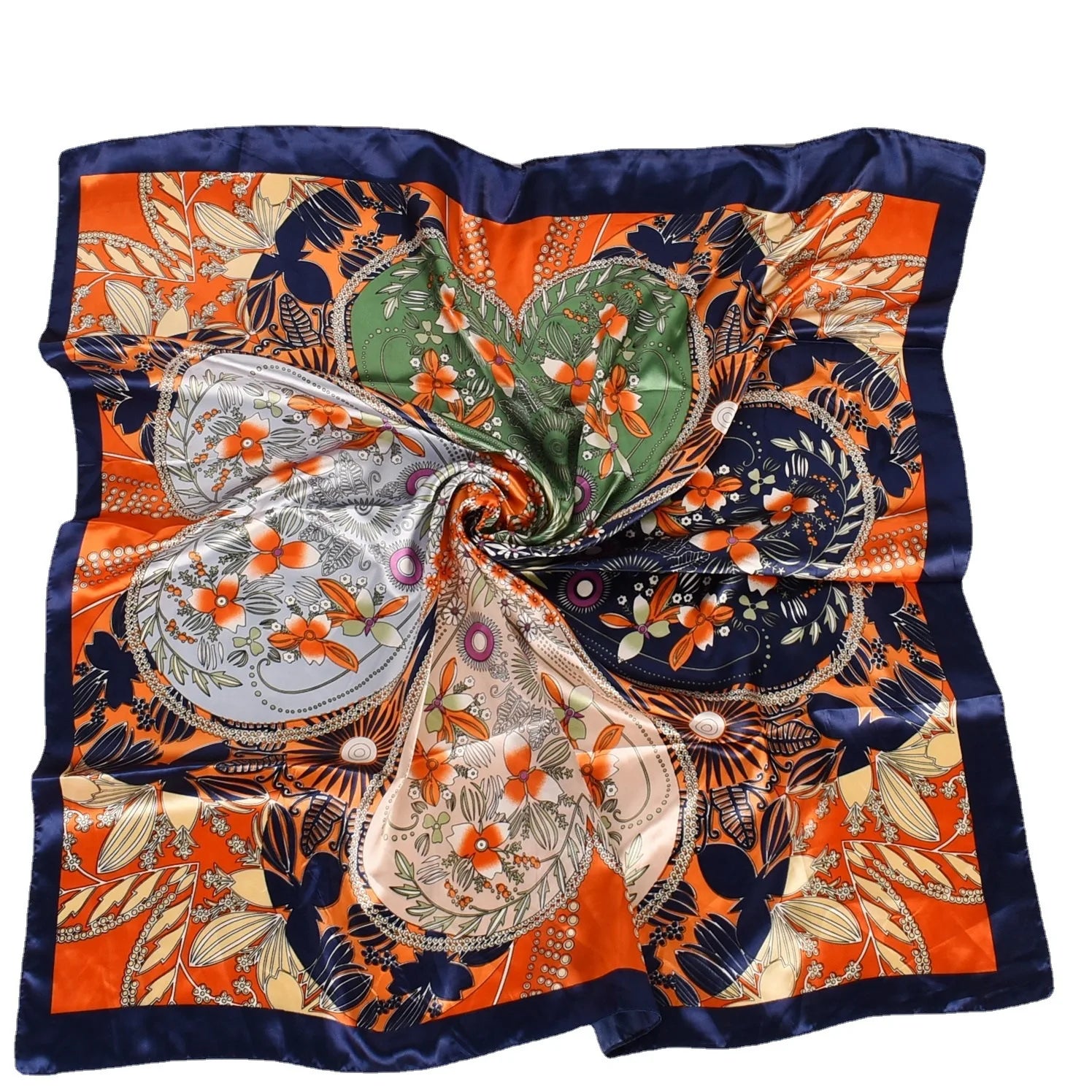 Manufacturer Custom Logo Stylish 35" Square Polyester Silk Satin Bandana Head Scarf for Women Digital Print Flower Design Beach