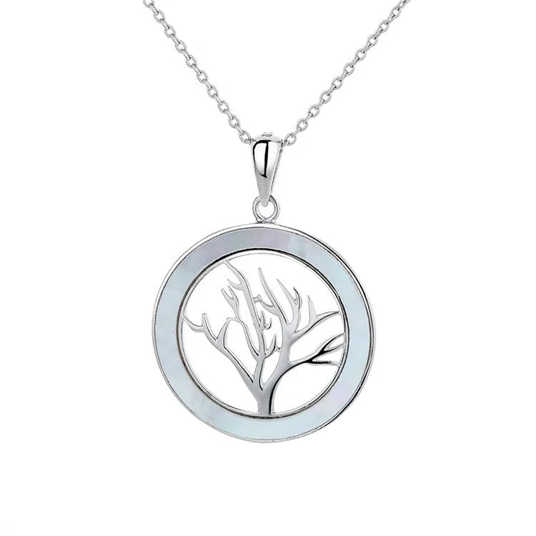 925 Sterling Silver Round Shape Abalone Shell Tree of Life Silver Necklace Pendant