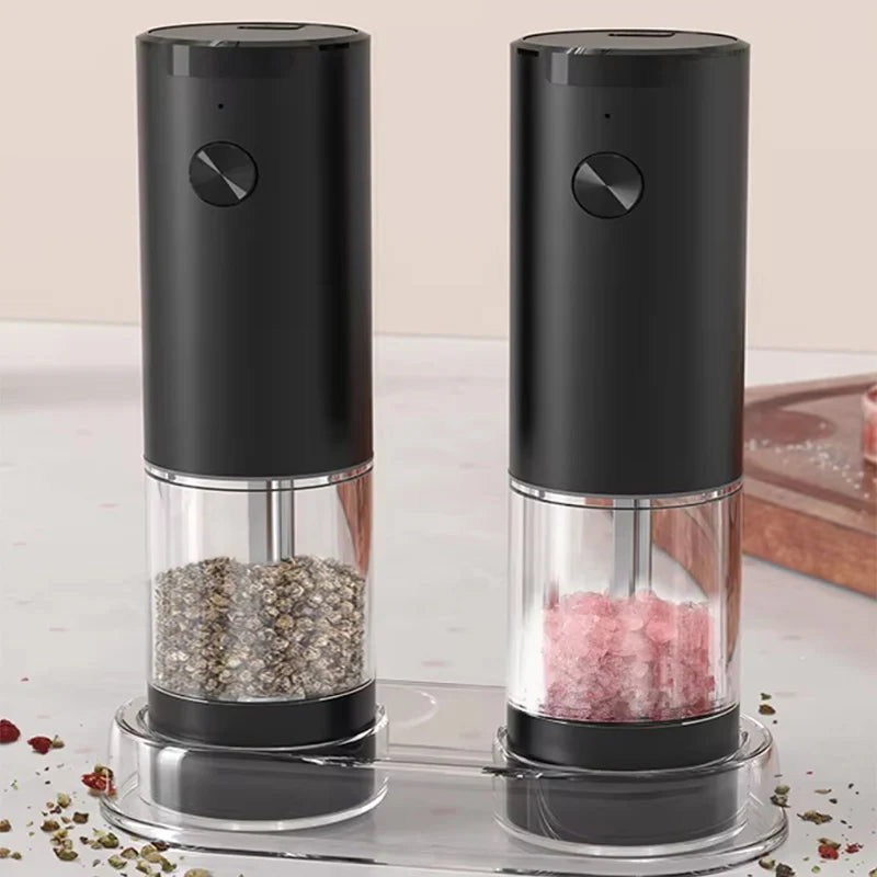 J&R Kitchen Plastic Blades Electric Hand Sea Salt & Pepper Spice Grinder Machine with LED Light Eco-friendly Food Grade