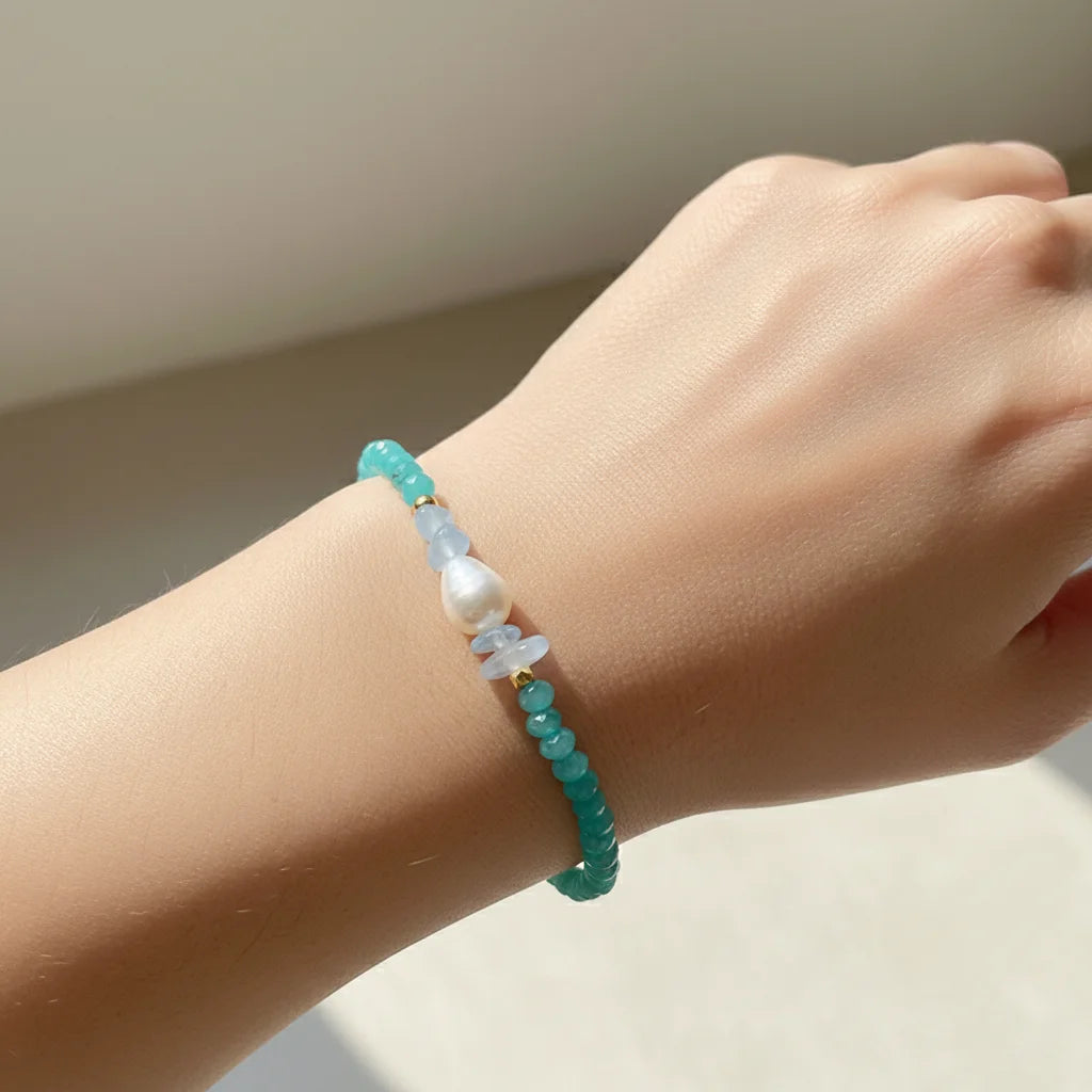 Summer Beautiful Bracelet Lake Blue Natural Stone Beaded Freshwater Pearl Charm Bracelet for Girls