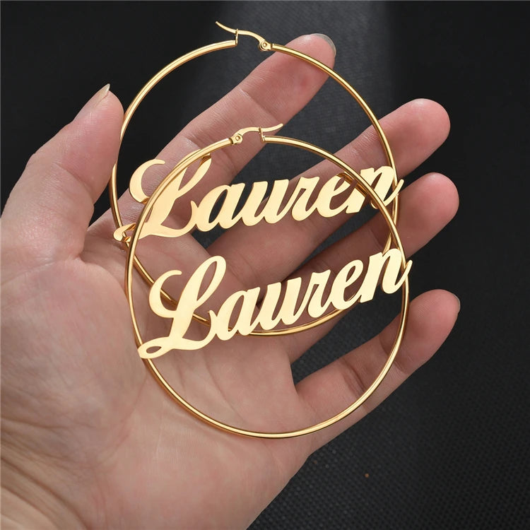 Unisex Custom Name Hoop Earrings Stainless Steel Gold Plating Trendy Geometric Design Personalized Hip Hop Fashion Wholesale