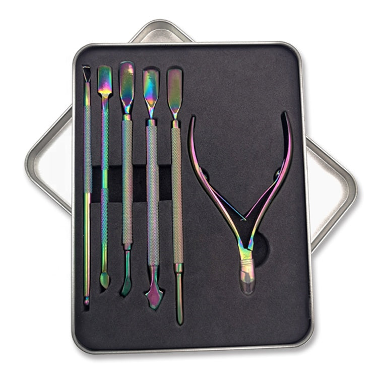 Custom logo 6 in 1  Professional Nail Pusher Double Ended Stainless Steel Cuticle Cleaner Manicure Pedicure Pusher Set for Salon