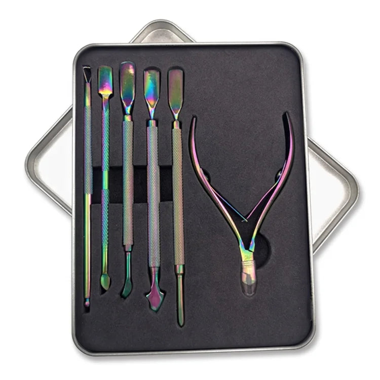 Custom logo 6 in 1  Professional Nail Pusher Double Ended Stainless Steel Cuticle Cleaner Manicure Pedicure Pusher Set for Salon