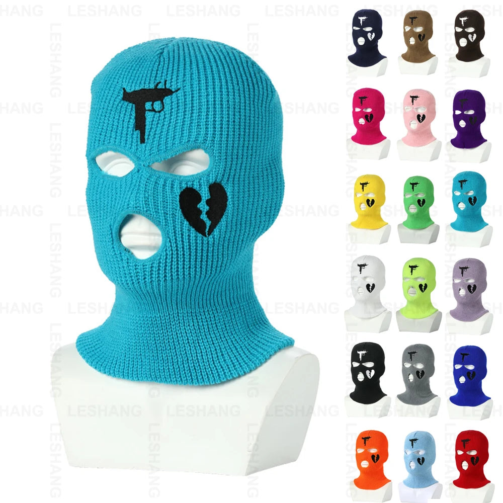 Fashion 3D Embroidery Three 3 Holes Knitting Balaclava Custom Logo Winter Warm Full Face Cover Ski Mask Acrylic Knitted Hats