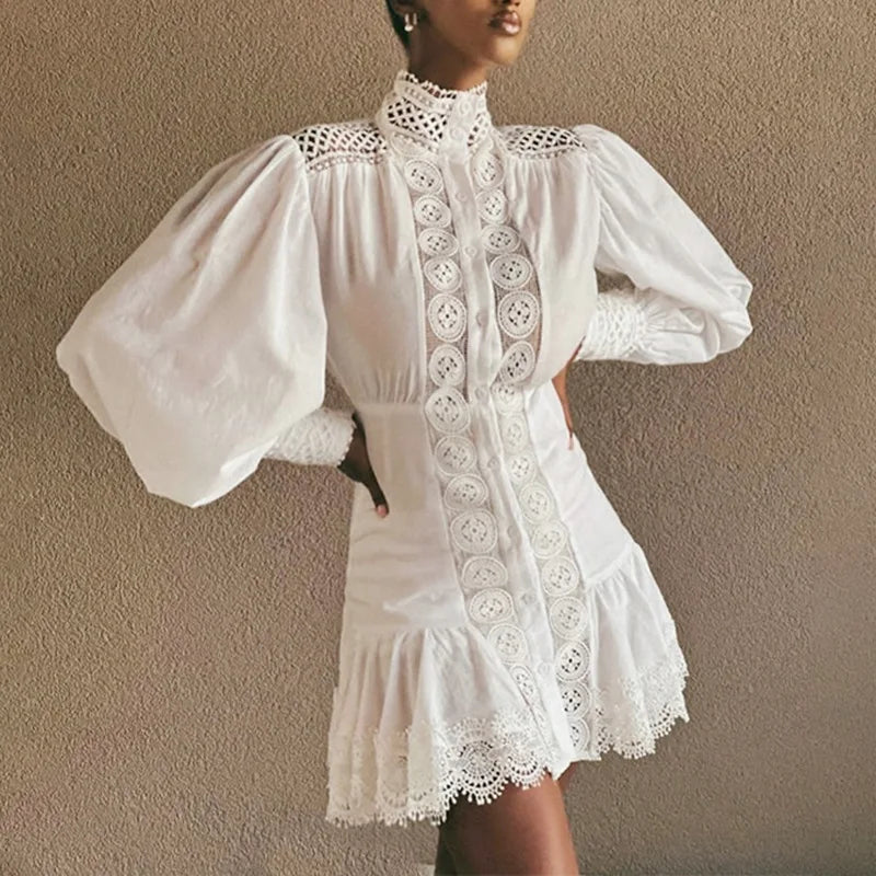 French Elegant Simple Embroidery Style 2024 Summer New Style Stand-up Collar Lantern Sleeve High Waist Short Ruffle Dress
