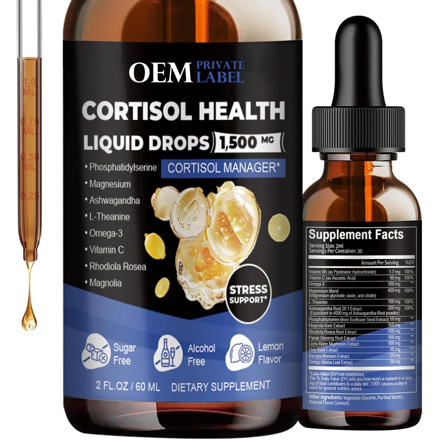 Cortisol Liquid Drops Supplement Hormone Balance for Women Magnesium Ashwagandha L Theanine Phosphatidylserine Cortisol Capsules