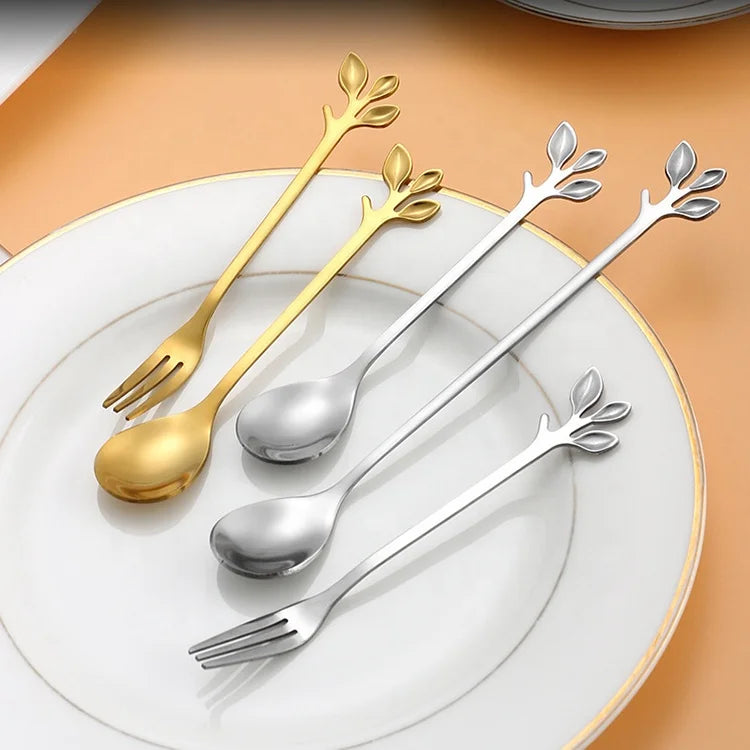 Creative Stainless Steel Leaf-Design Tableware Set Mirror Polish Home Design Extended Coffee Stirring Spoon Dessert Fruit Fork