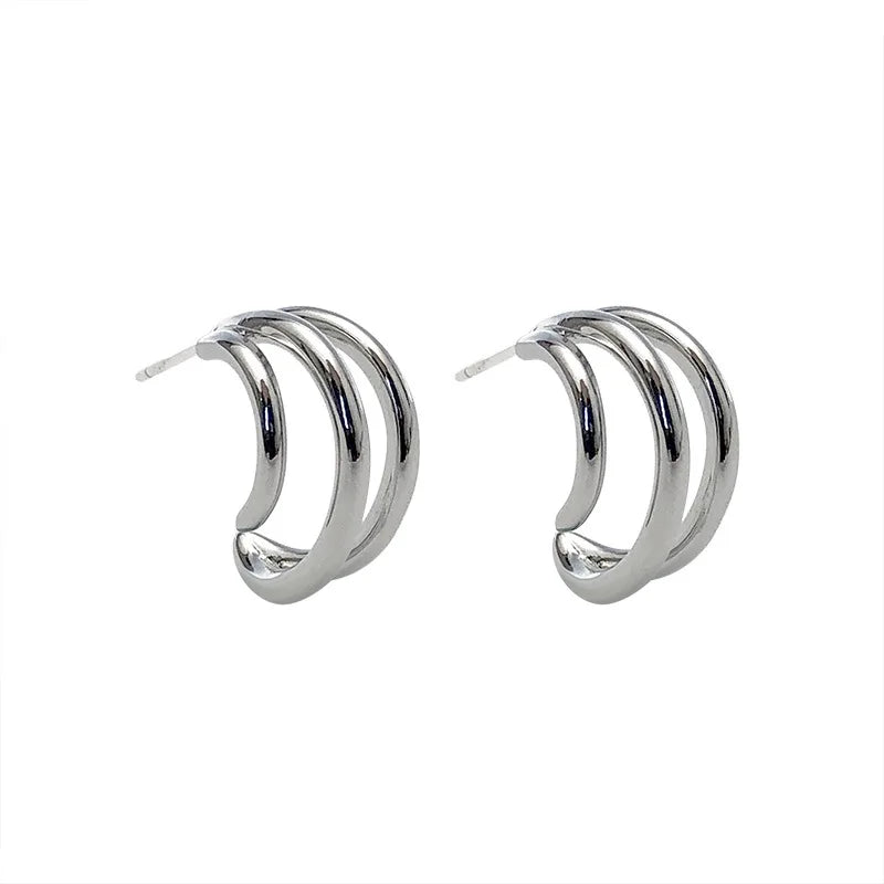 Real 925 Sterling Silver C Shape Multilayer Stud Earrings for Women Girls Fashion Jewelry 2022