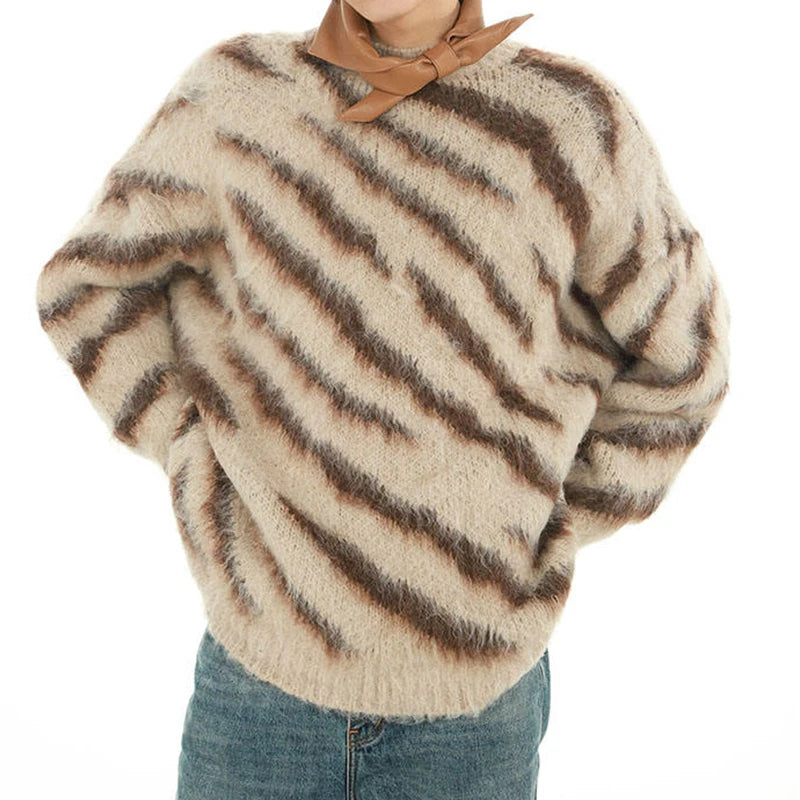 Custom Design Zebra Stripe Thickened Soft Crewneck Mohair Men Sweater Jacquard Mohair Sweater Men