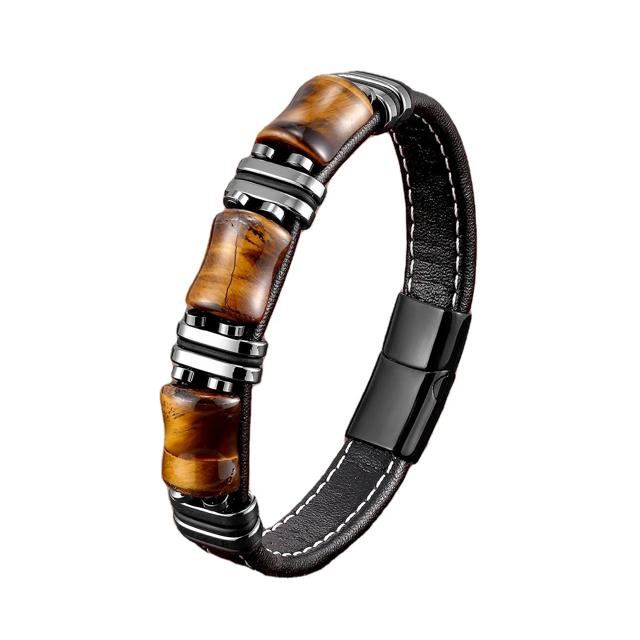 High Quality Natural Gemstone Tiger Eye Stone Stainless Steel Magnet Clasp Genuine Leather Bracelet Men Jewelry SL-221