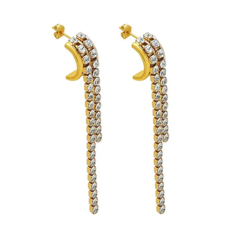 Tarnish Free & Waterproof Long Luxury Clear Crystal Tassel Earring Stainless Steel Jewelry