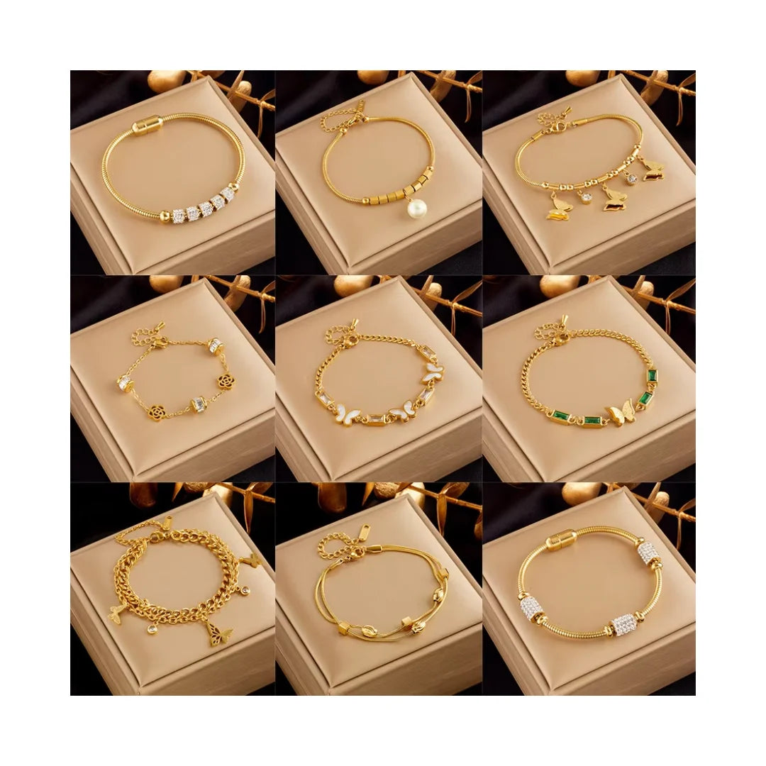 Fashion Stainless Steel Diamond Pendant Pearl Butterfly Bracelet Heart Charm Bracelet Gold-Plated Snake Irregular Women Bracelet