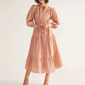 Elegant Tea Break Dress 2024 Autumn New Style Stand-up Collar Splicing Straps Lantern Sleeves Single-breasted Dress Women
