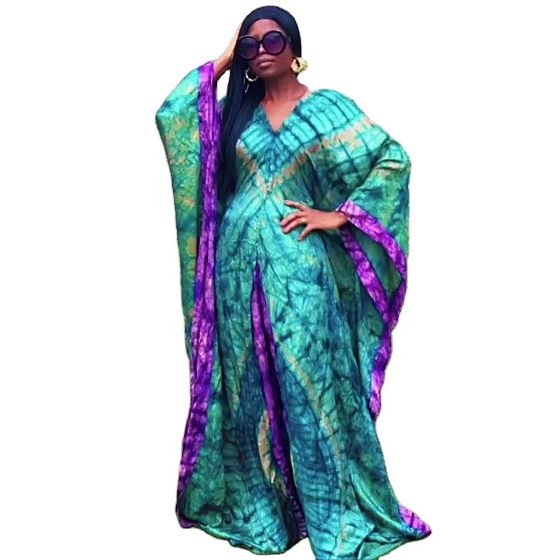 African New Fashion Elegant Long Sleeves Abaya Dress Set Printed Floral Satin Robe Sets for Women K0520