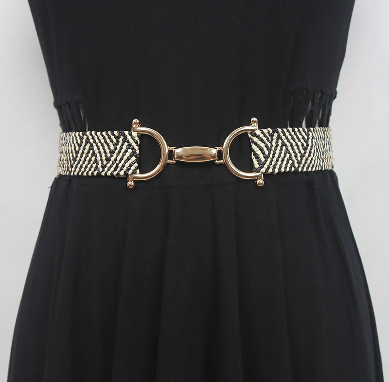 Hot Sale Fashion Metal Buckle Skinny Dress Belt Girls Woven Elastic Stretch PP Straw Horse Rider Equestrian Braided Belts Women