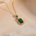 European Popular Gold Plating Stainless Steel Green Diamond Necklace Emerald Cubic Zircon Square Pendant Necklace