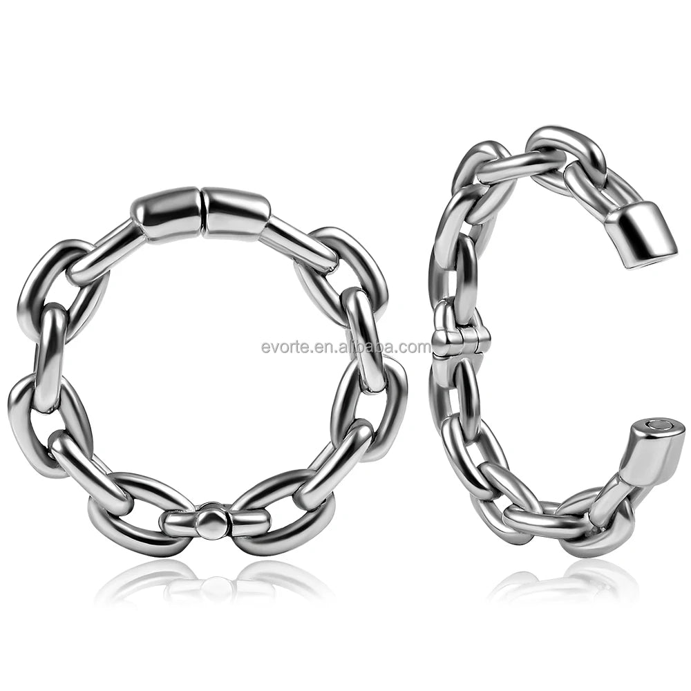 Evorte Stainless Steel 4mm Chain Ear Circle Ring Weights Hangers Plugs Tunnels Expander Classic Hoop Earrings for Women