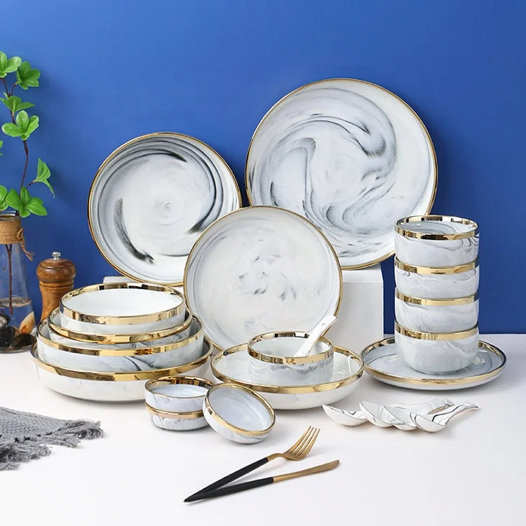 Nordic Marble Gold Rim Ceramic Rustic Everyday Dishes Nz Glazed Porcelain Vs Ceramic Dinnerware
