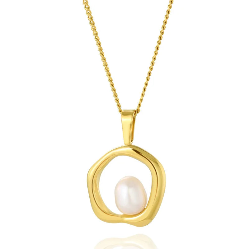 Waterproof Trendy Elegant 18K Gold Silver Plated Stainless Steel Freshwater Pearl Pendant Necklace for Women Engagement