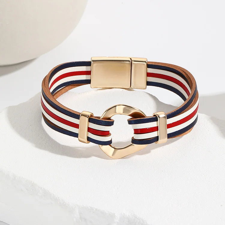 Cross-border Leather Bracelet Irregular Disc Leather Bracelet Magnetic Clasp Handmade Red White Blue Leather Bracelet Women