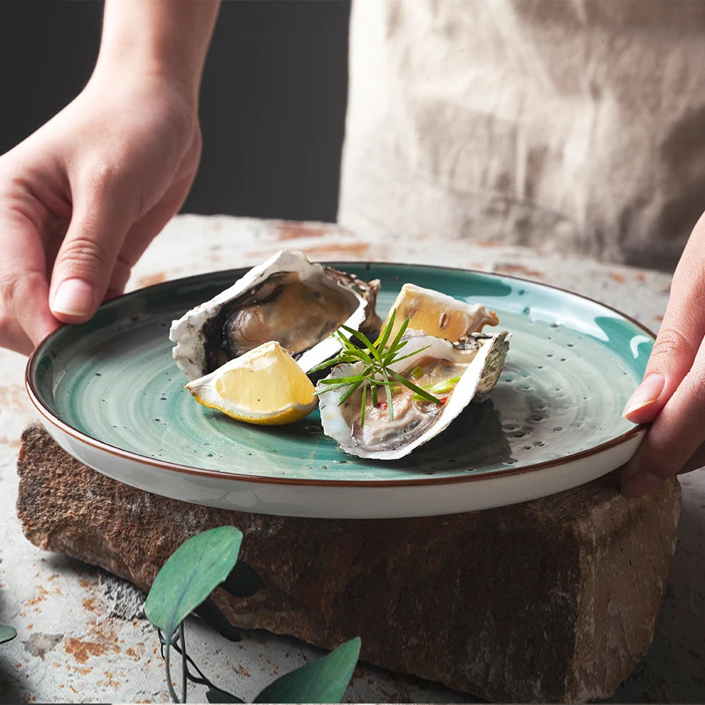 Shengjing Nordic Style Green Coloured Glaze Round Porcelain Chinaware Tableware Ceramic Dinner Plates & Dishes for Restaurant