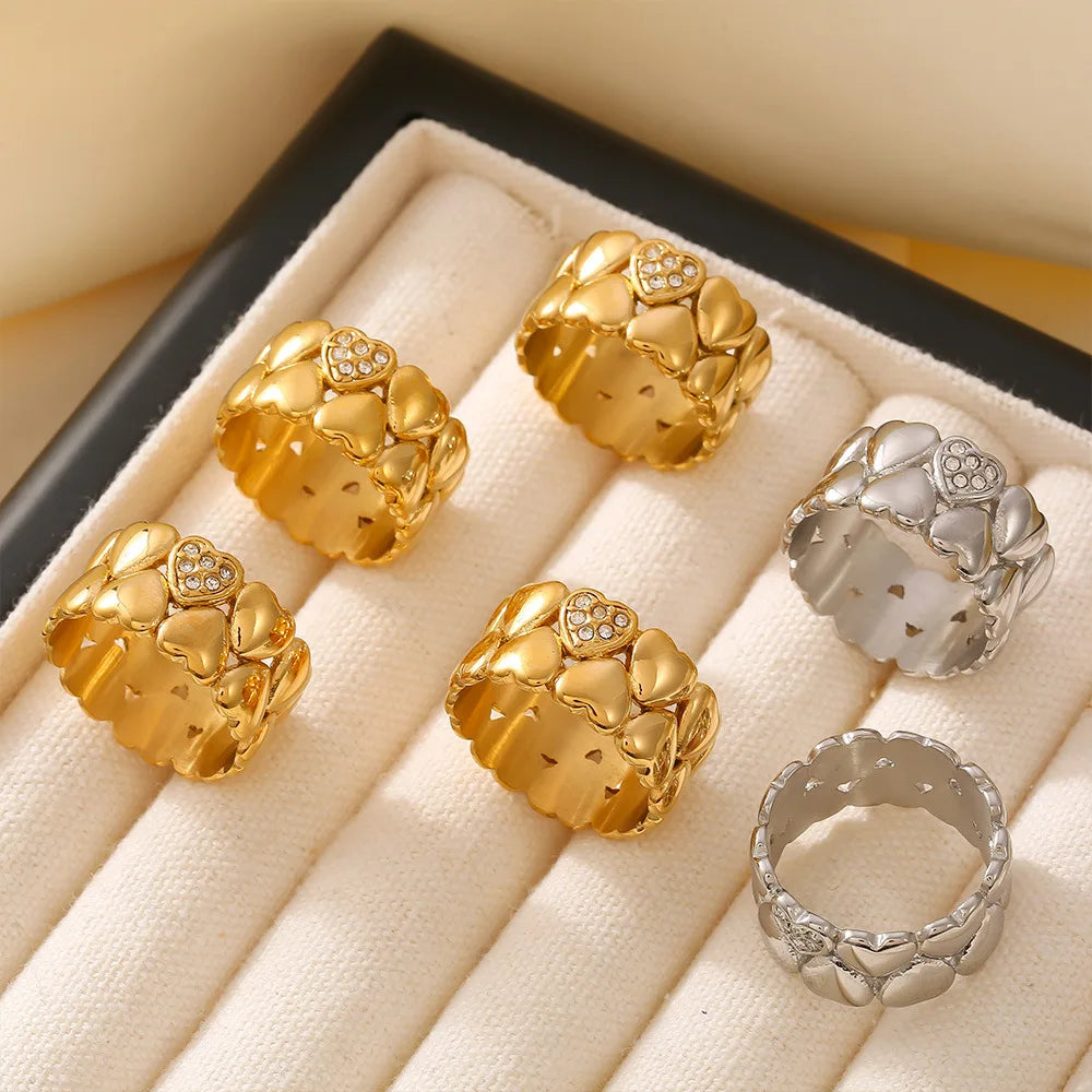 Women 10mm Wide Double Row Heart Rings Non-Fading Rhinestone Set Romantic Finger Rings 18K Gold PVD Stainless Steel Finger Bands