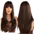 Factory Cheap 24 Inch Long Straight Layered Hair Wigs Synthetic Hair Replacement Wigs With Bangs for Daily Use for Women
