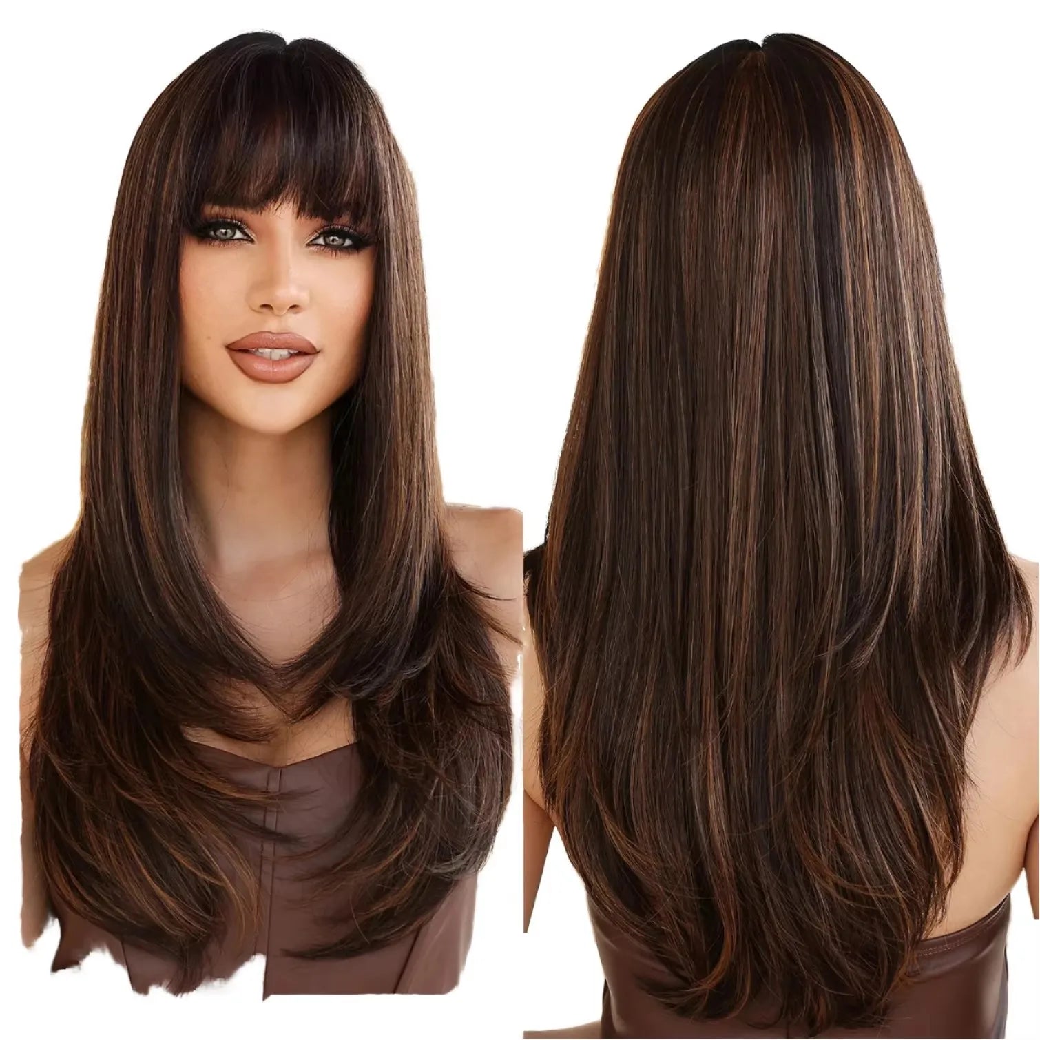 Factory Cheap 24 Inch Long Straight Layered Hair Wigs Synthetic Hair Replacement Wigs With Bangs for Daily Use for Women
