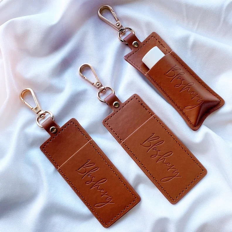 Custom Chapstick Keyring Holder Lipstick Bag Case Key Chain Solid Color Faux Leather Lip Balm Pouch Travel Lanyard Bag Accessory