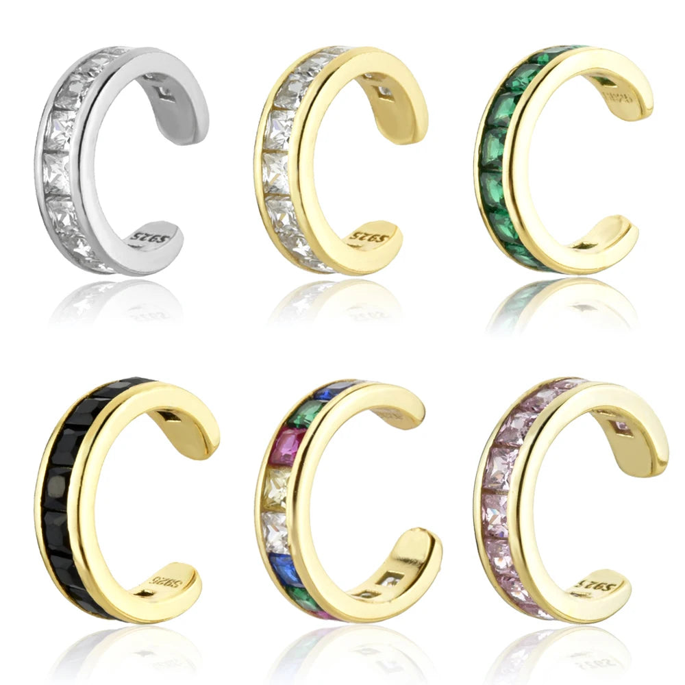 FUAMAY Gold Plated 925 Silver 3mm Wide Ear Cuff Earrings Colorful Emerald Amethyst Rainbow Baguette Ear Cuff De Colores