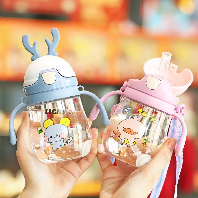 Outdoor Sports Water Bottle With Straw Strap Cartoon Girls Children Portable School Drinking Bottle 300ml