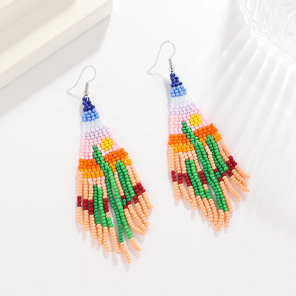 Hand-Woven Boho Stylish Seed Beaded Cactus Plant Series Huggie Earrings Trendy Fashion Jewelry for Weddings Parties and Gifts