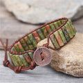 Boho Tube Beads Natural Stone Unakite Single Layer Leather Wrap Bracelet Adjustable Yoga Gemstone Women Cuff Bracelet Wholesale