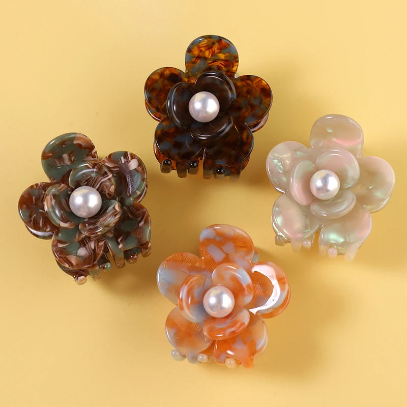 Midairy Ins Elegant Accessories Women Medium Colorful Retro Flower with Pearl Acetate Hair Claw Clips for Ladies Girl 46mm 4270