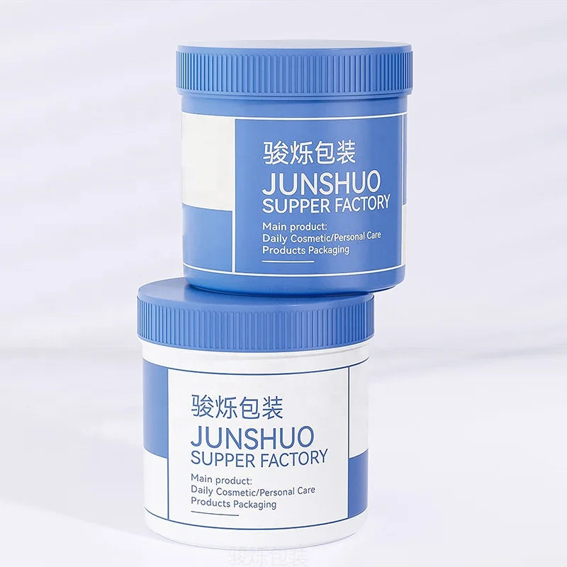 250ml PP Plastic Packaging  Silk Printing White Blue Hair Wax Jar Ribbed Cover Hair Film Jar