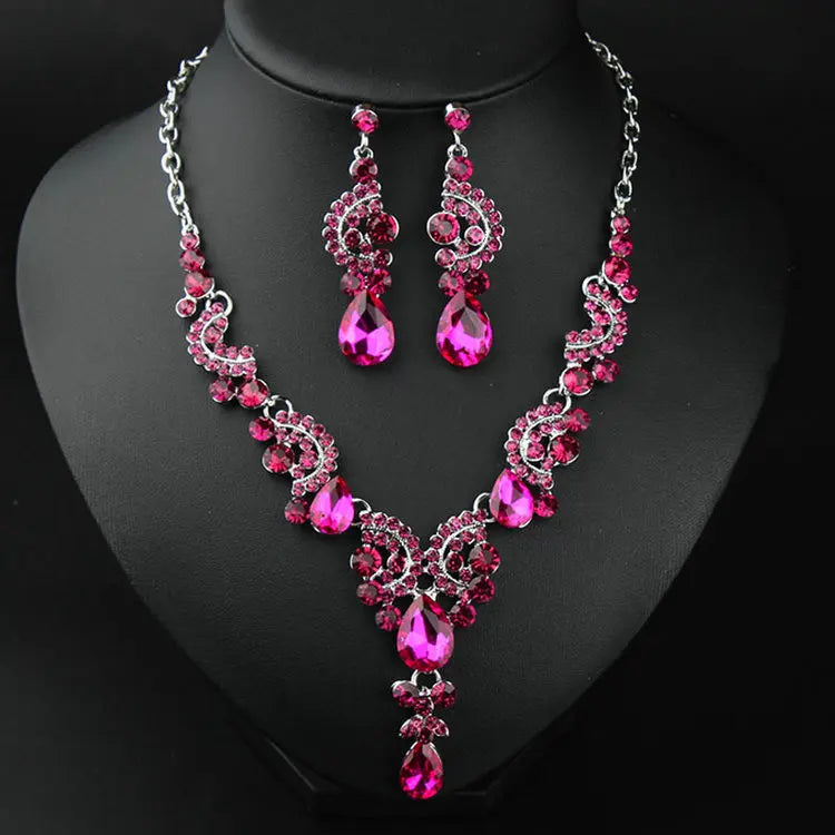 Qushine Luxurious Shiny Blue Champagne Red Crystal Jewelry Set for Women Hot Sell Two-Piece Necklace Wedding Party Engagement