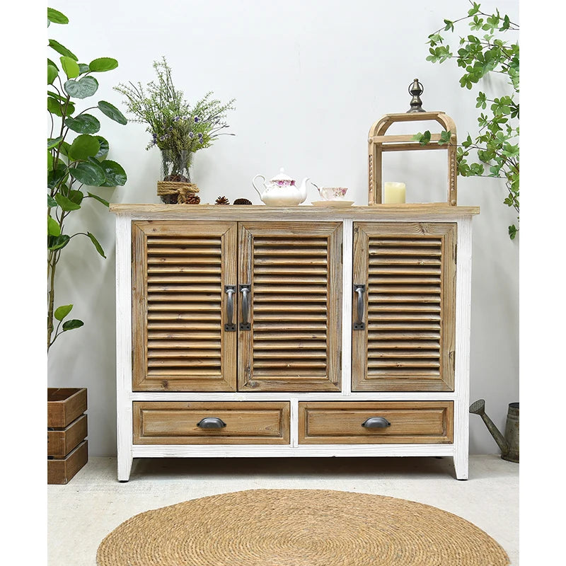 Innova Home Rustic Louvered Wood 2 Drawer Cabinet Classical Vintage Antique Style Accent Furniture Cabinet