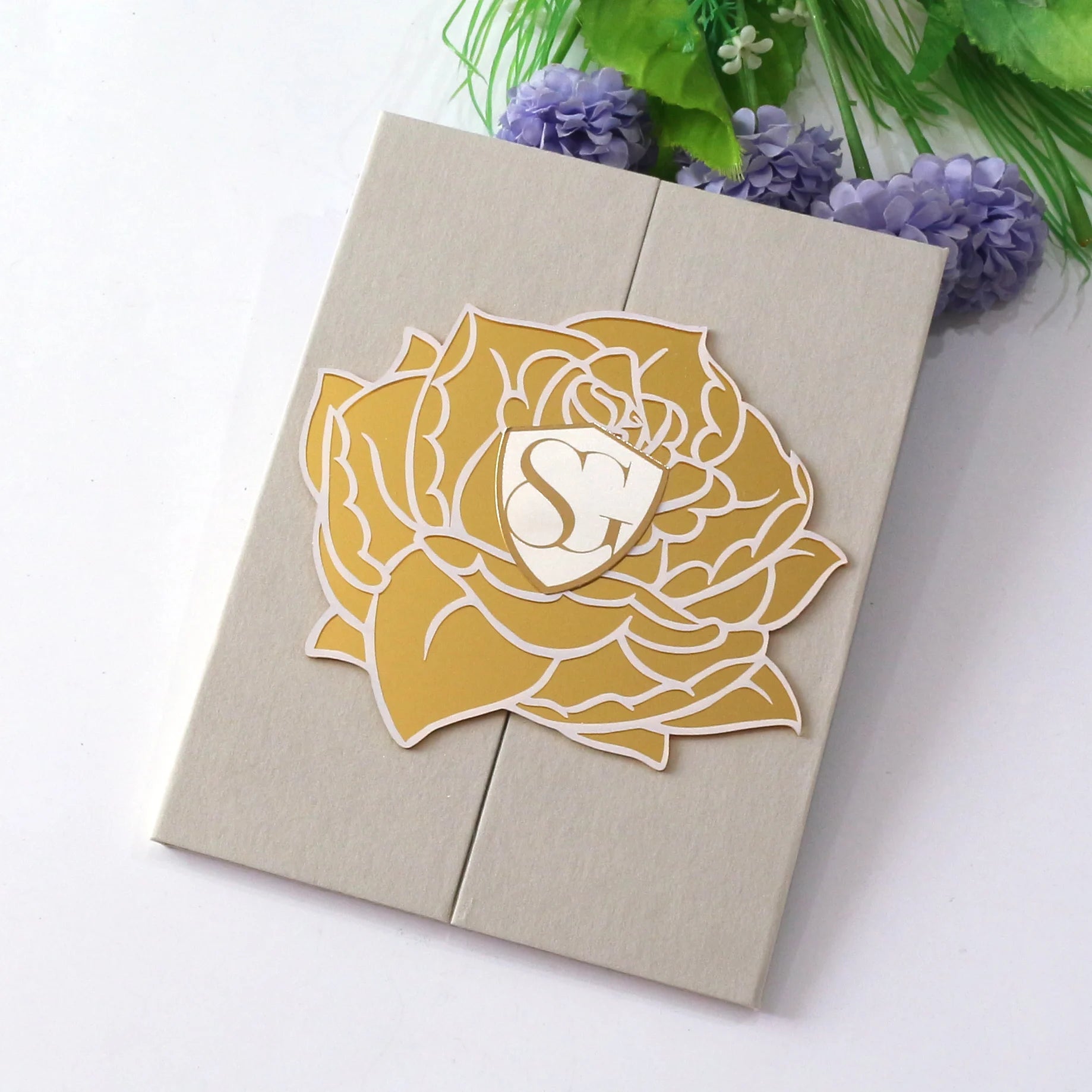 Delicate White Velvet Hardcover Wedding Invitation with Rose Shape Acrylic Tag and Gold Foil Envelope